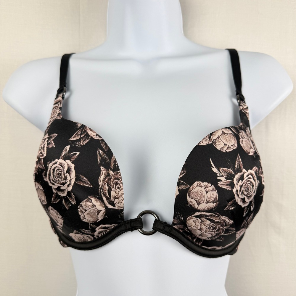 Victoria's Secret Lined Plunge Bra 32DD Black Tan Floral Mesh Underwire Ring